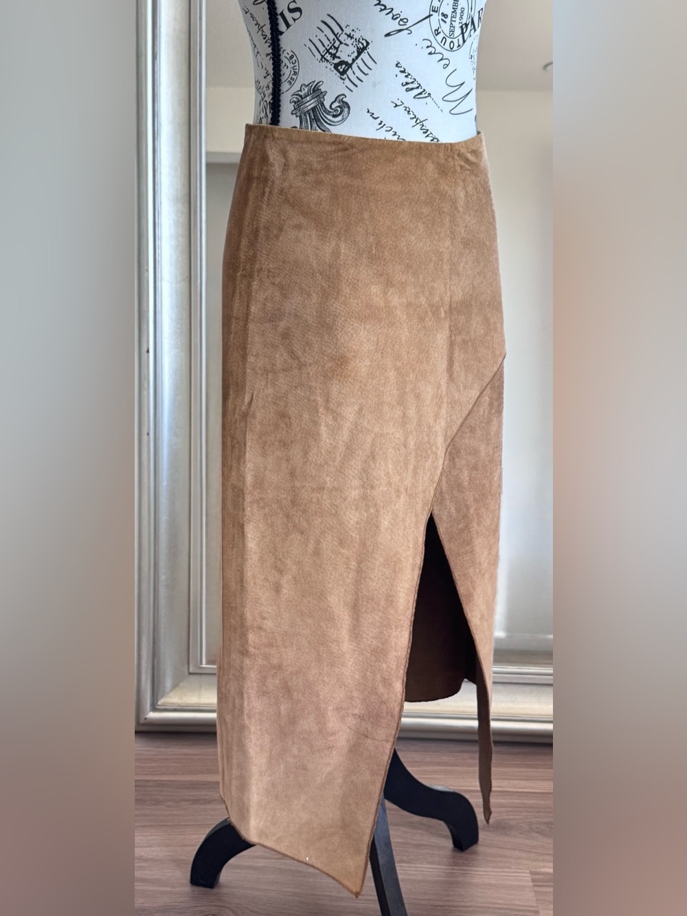 Y2K Jane Doe Tan Camel Suede Leather Wrap Asymmetrical Handkerchief Hem Skirt